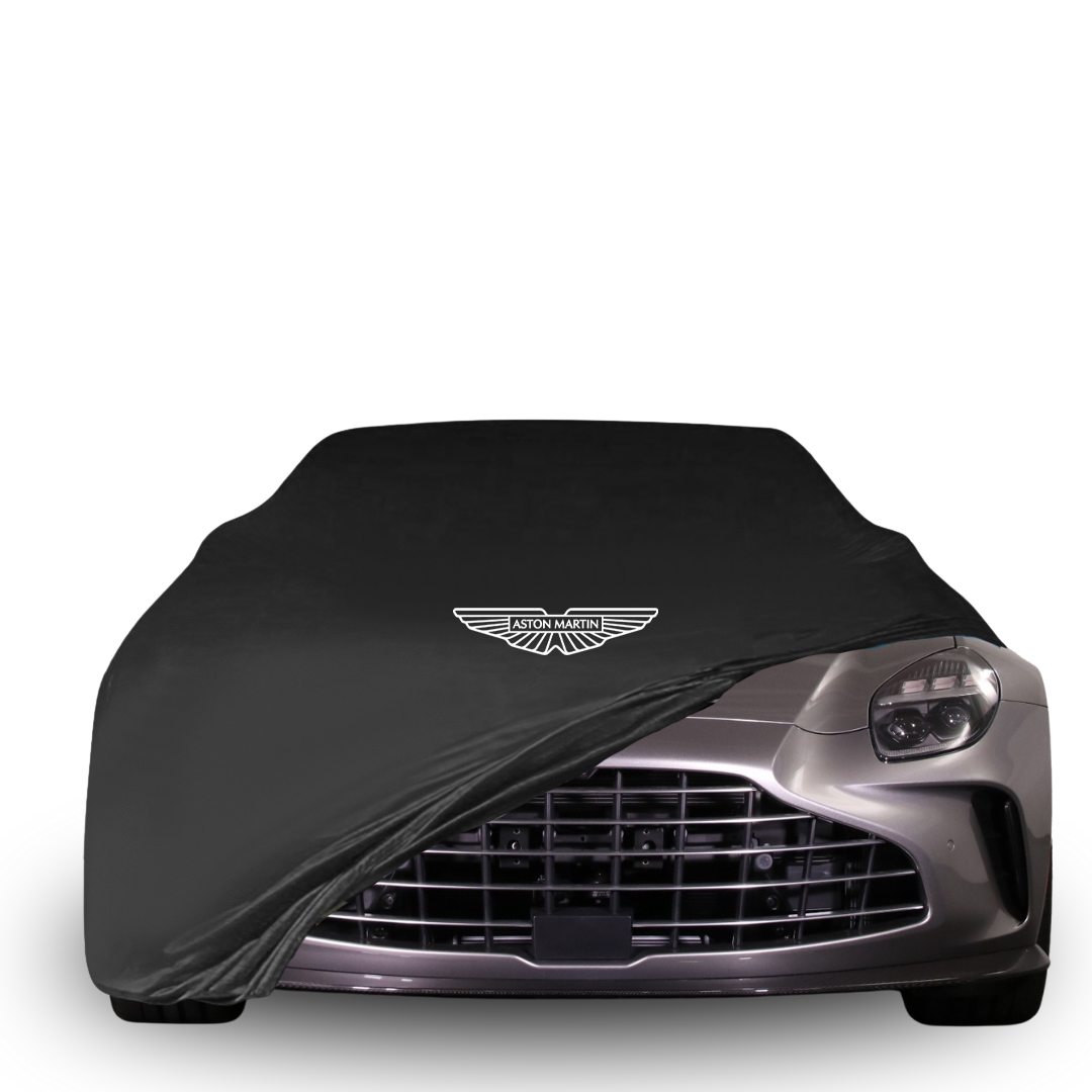 Indoor car cover for Aston Martin Vantage (2018–Present) with hood logo and tailored fit

