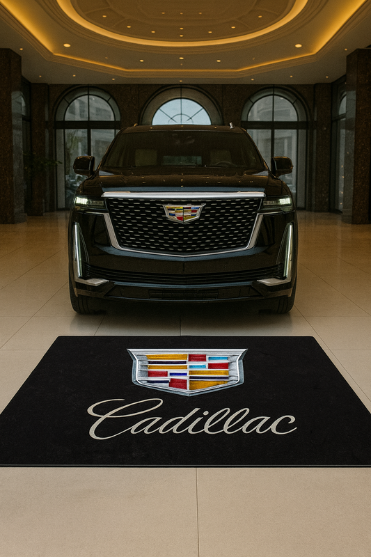 Large Cadillac crest logo floor rug, 5x7 feet (60x87 inches), with non-slip backing in a luxury residential garage or showroom.