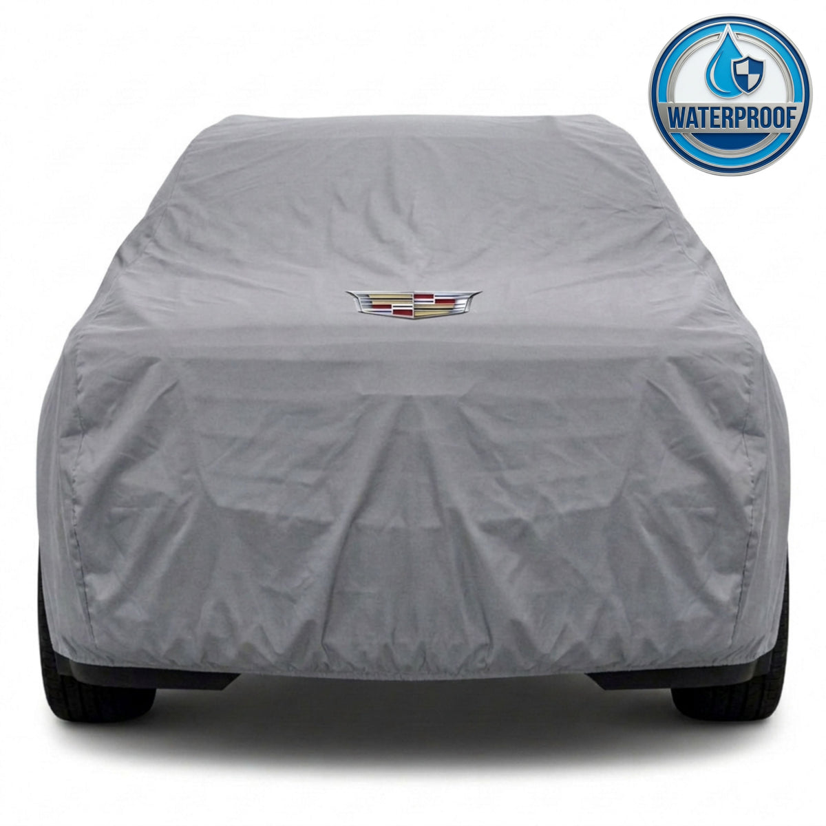 Cadillac outdoor car cover in gray with custom logo – waterproof and lightweight