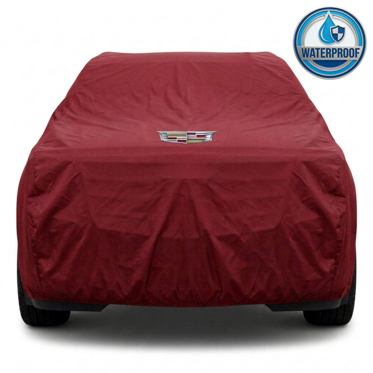 Cadillac outdoor car cover in red with custom logo – waterproof and lightweight