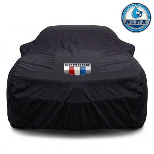 Camaro outdoor car cover in black with custom logo – waterproof and lightweight
