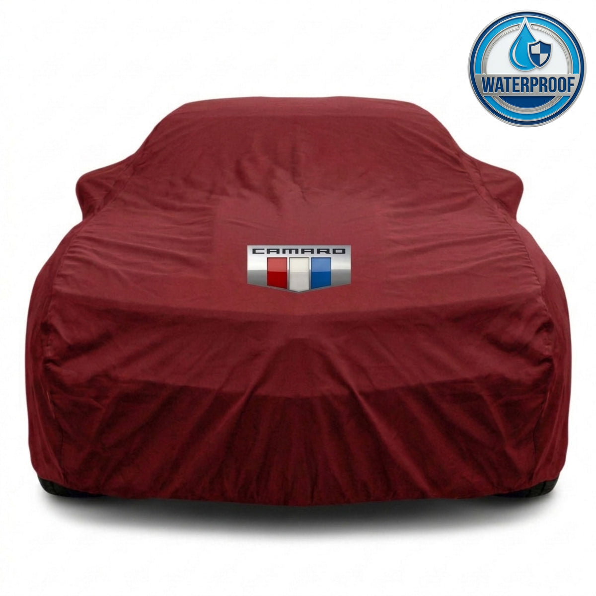Camaro outdoor car cover in red with custom logo – waterproof and lightweight