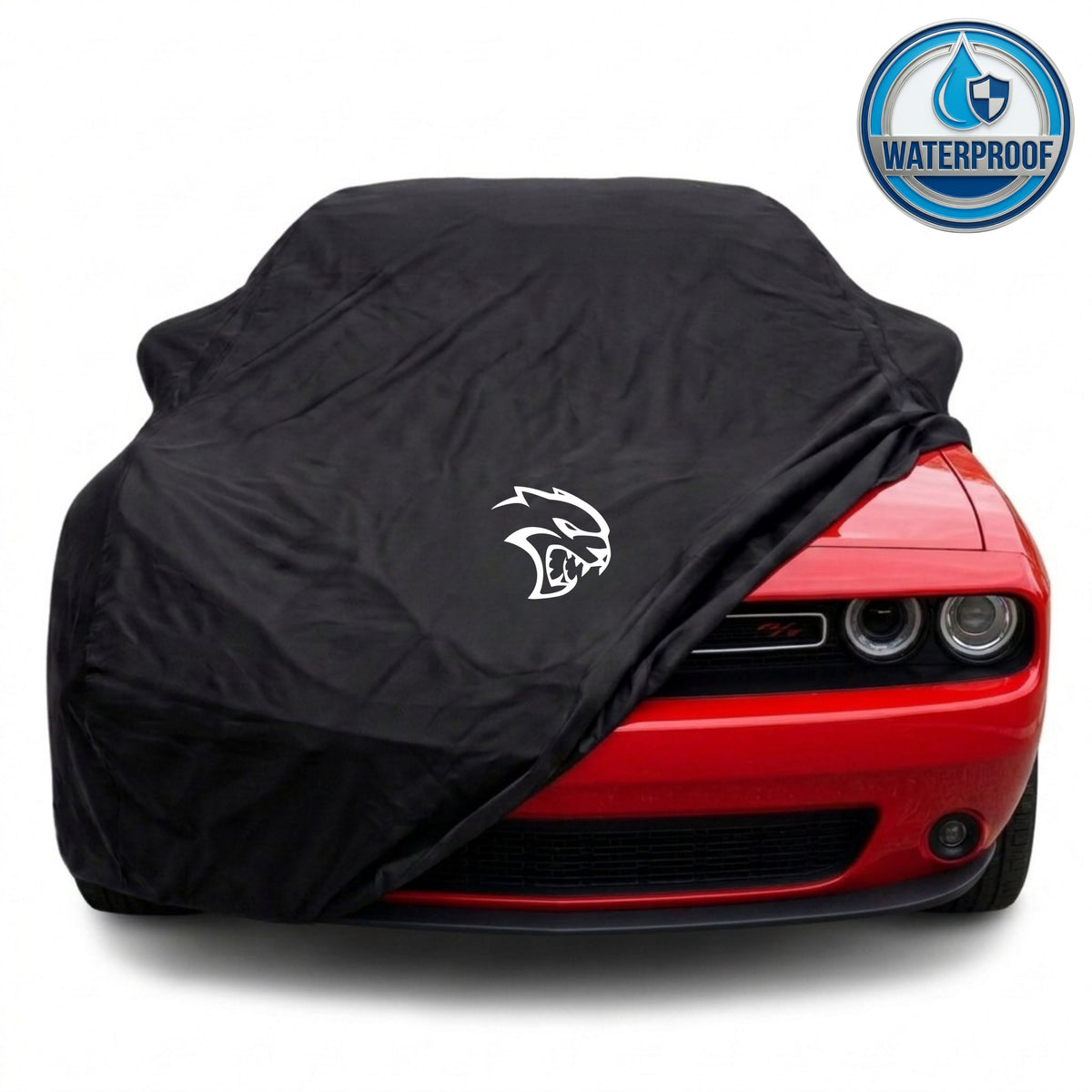 Dodge Challenger outdoor car cover in black with custom logo – waterproof and lightweight