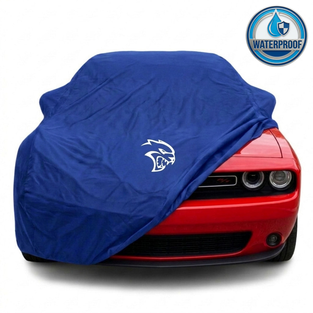 Dodge Challenger outdoor car cover in blue with custom logo – waterproof and lightweight