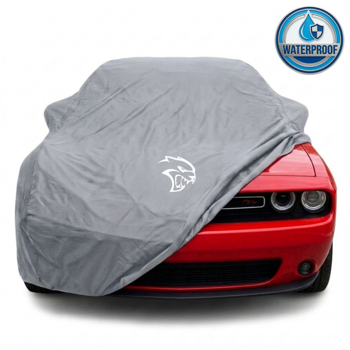 Dodge Challenger outdoor car cover in gray with custom logo – waterproof and lightweight