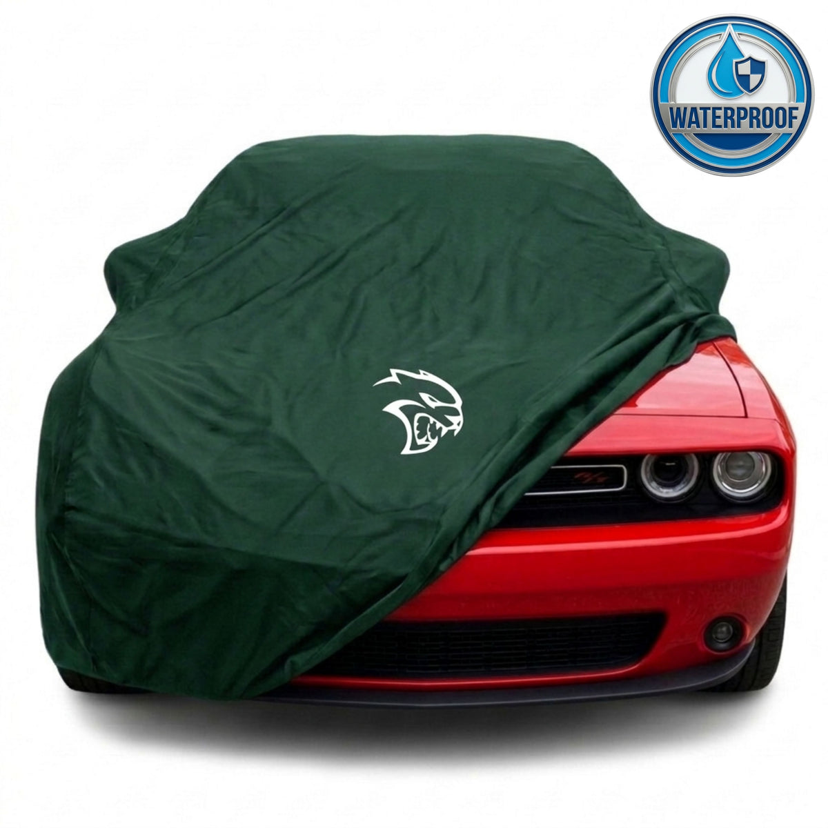 Dodge Challenger outdoor car cover in green with custom logo – waterproof and lightweight