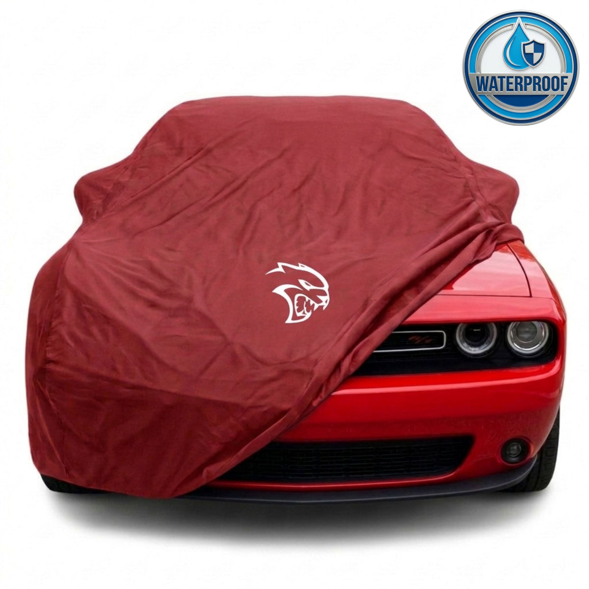 Dodge Challenger outdoor car cover in red with custom logo – waterproof and lightweight