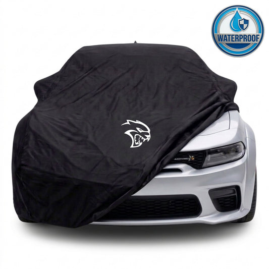 Dodge Charger outdoor car cover in black with custom logo – waterproof and lightweight