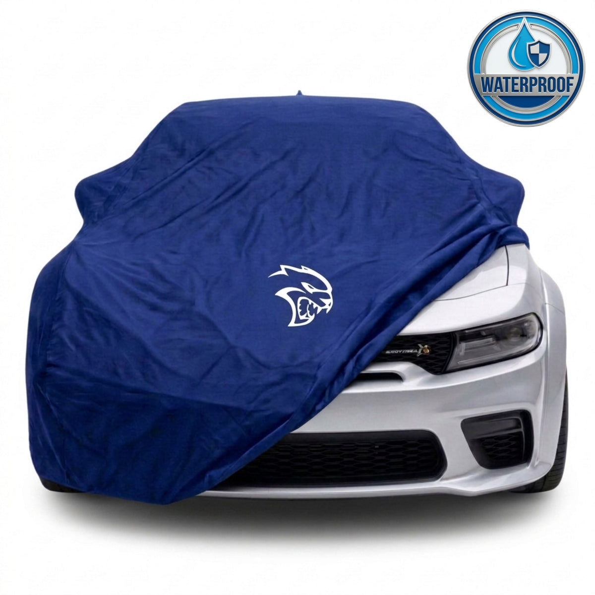 Dodge Charger outdoor car cover in blue with custom logo – waterproof and lightweight