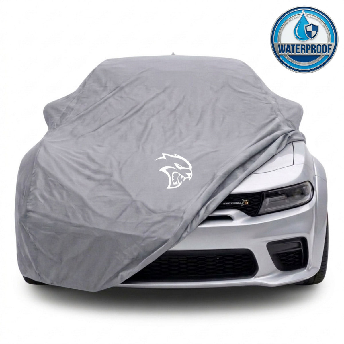 Dodge Charger outdoor car cover in gray with custom logo – waterproof and lightweight