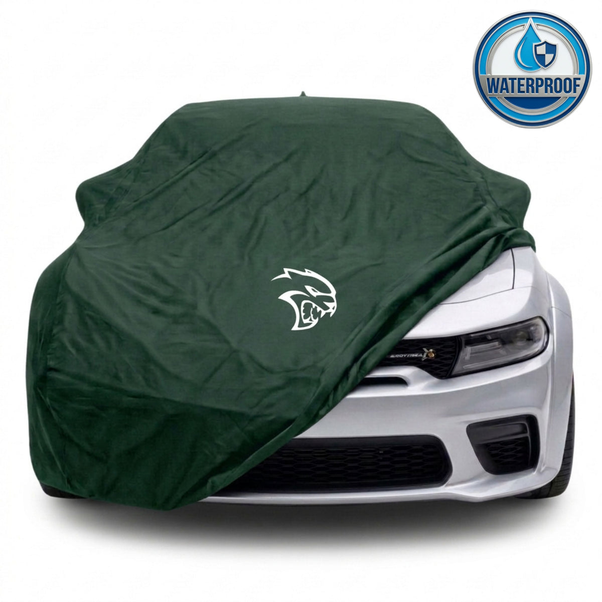 Dodge Charger outdoor car cover in green with custom logo – waterproof and lightweight
