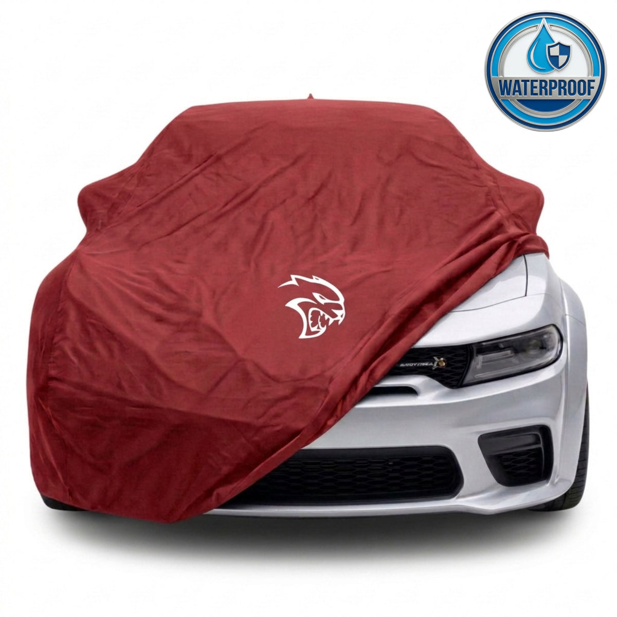 Dodge Charger outdoor car cover in red with custom logo – waterproof and lightweight