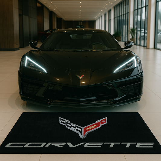 Large black Corvette logo floor mat with non-slip backing, size 60x87 inches, displayed in a modern garage showroom.
