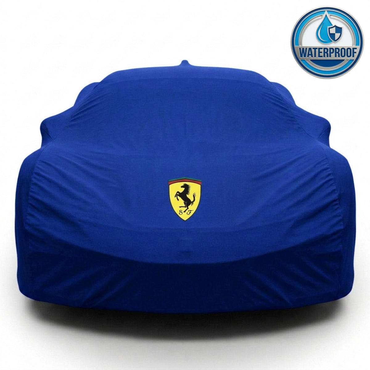 Ferrari outdoor car cover in blue with custom logo – waterproof and lightweight