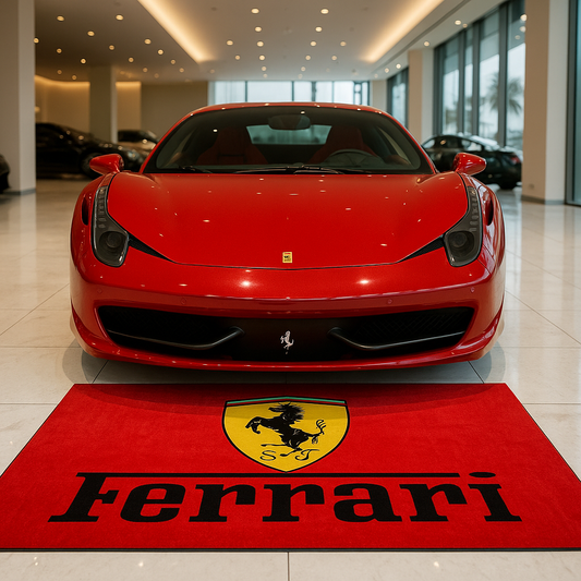 Large Ferrari Prancing Horse logo floor rug, 5x7 feet, with non-slip backing, displayed under a supercar in a professional garage.