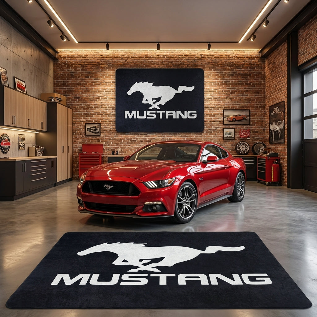 Large Ford Mustang logo floor rug, 5x7 ft, with non-slip backing, displayed in a modern American garage beside a classic muscle car.