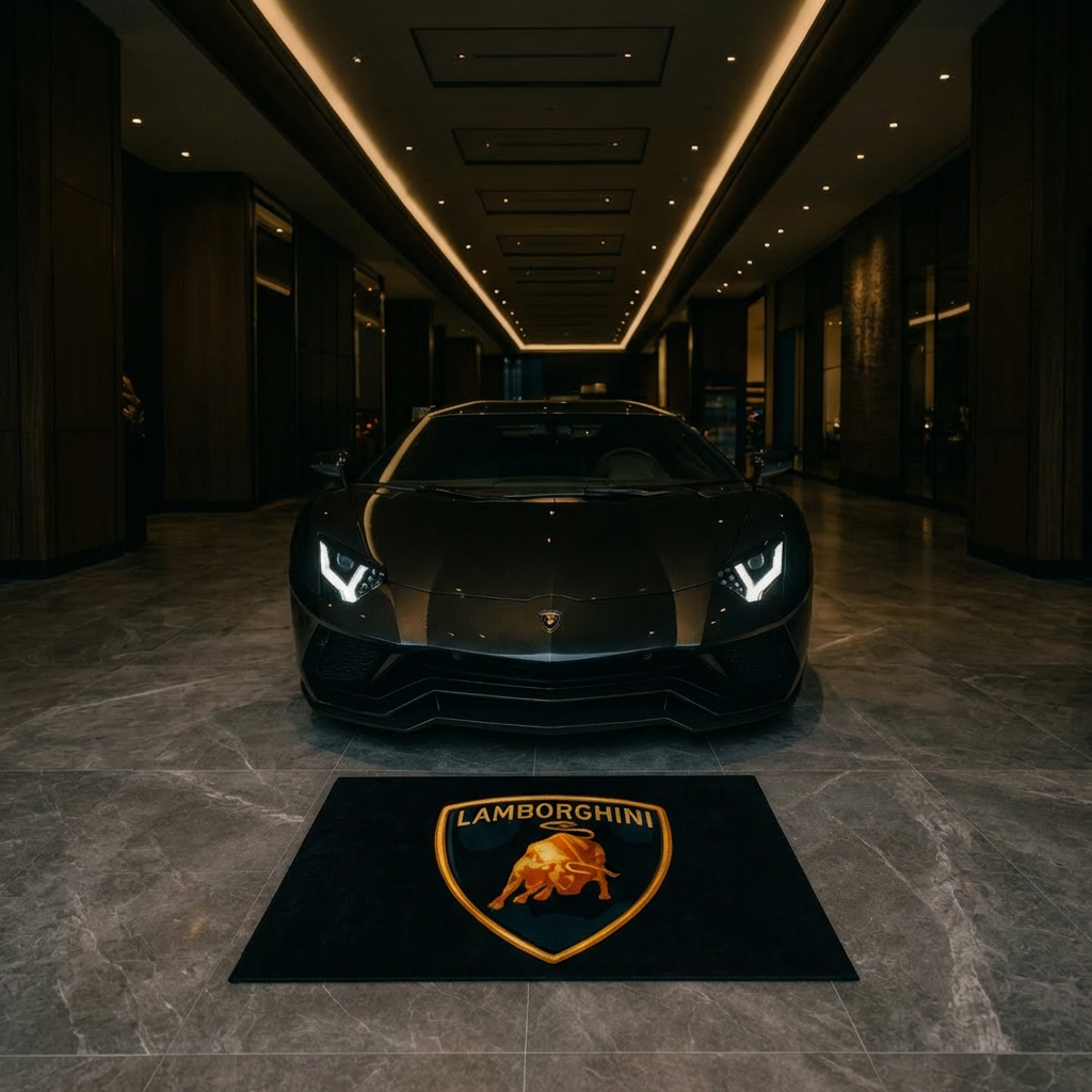 Lamborghini Bull Logo Exotic Garage Floor Mat - 5x7 ft (60x87") Premium Non-Slip Supercar Rug / Wall Decor