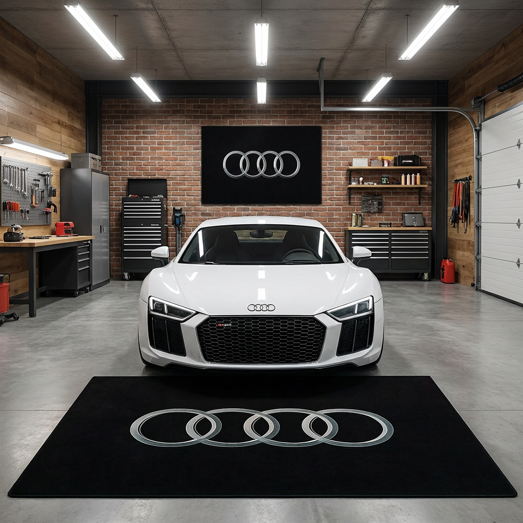 Audi Logo Premium Garage Floor Mat - 5x7 ft (60x87") Non-Slip Automotive Area Rug / Wall Hanging