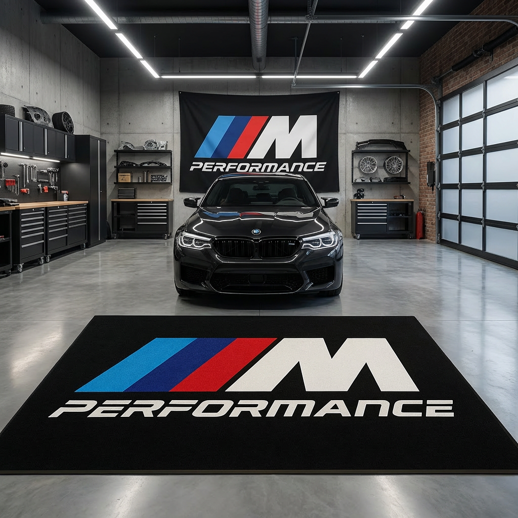 BMW M Power Performance Garage Floor Mat - 5x7 ft (60x87") Non-Slip M Logo Area Rug / Wall Decor