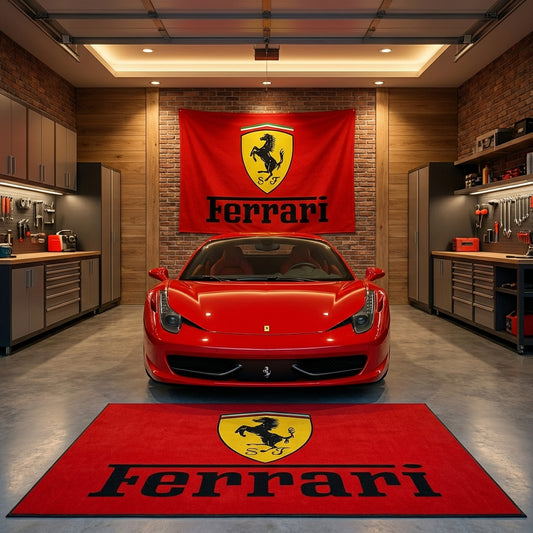 Ferrari Garage Floor Mat - 5x7 ft (60x87") Premium Non-Slip Racing Rug / Wall Decor