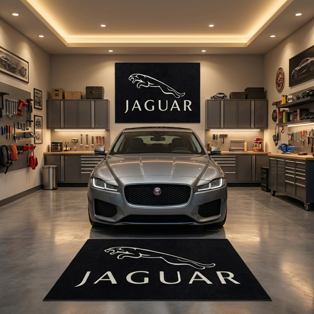 Jaguar Leaper Logo Premium Garage Floor Mat - 5x7 ft (60x87") Non-Slip Luxury Area Rug / Wall Decor
