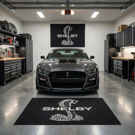 Mustang Shelby Cobra Logo Garage Floor Mat - 5x7 ft (60x87") Premium Non-Slip Muscle Car Rug & Wall Decor