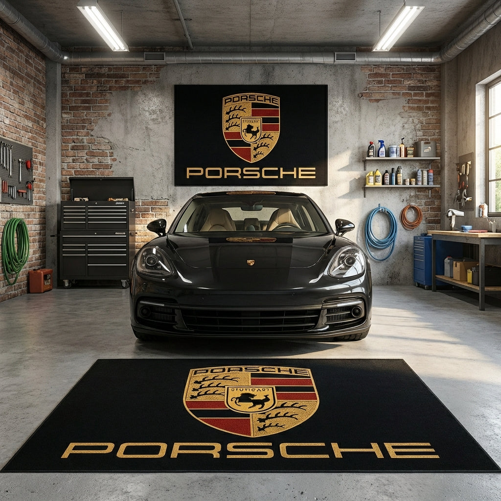 Porsche Crest Logo Premium Garage Floor Mat - 5x7 ft (60x87") Elite Non-Slip Showroom Rug / Wall Decor