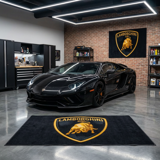 Lamborghini Bull Logo Exotic Garage Floor Mat - 5x7 ft (60x87") Premium Non-Slip Supercar Rug / Wall Decor