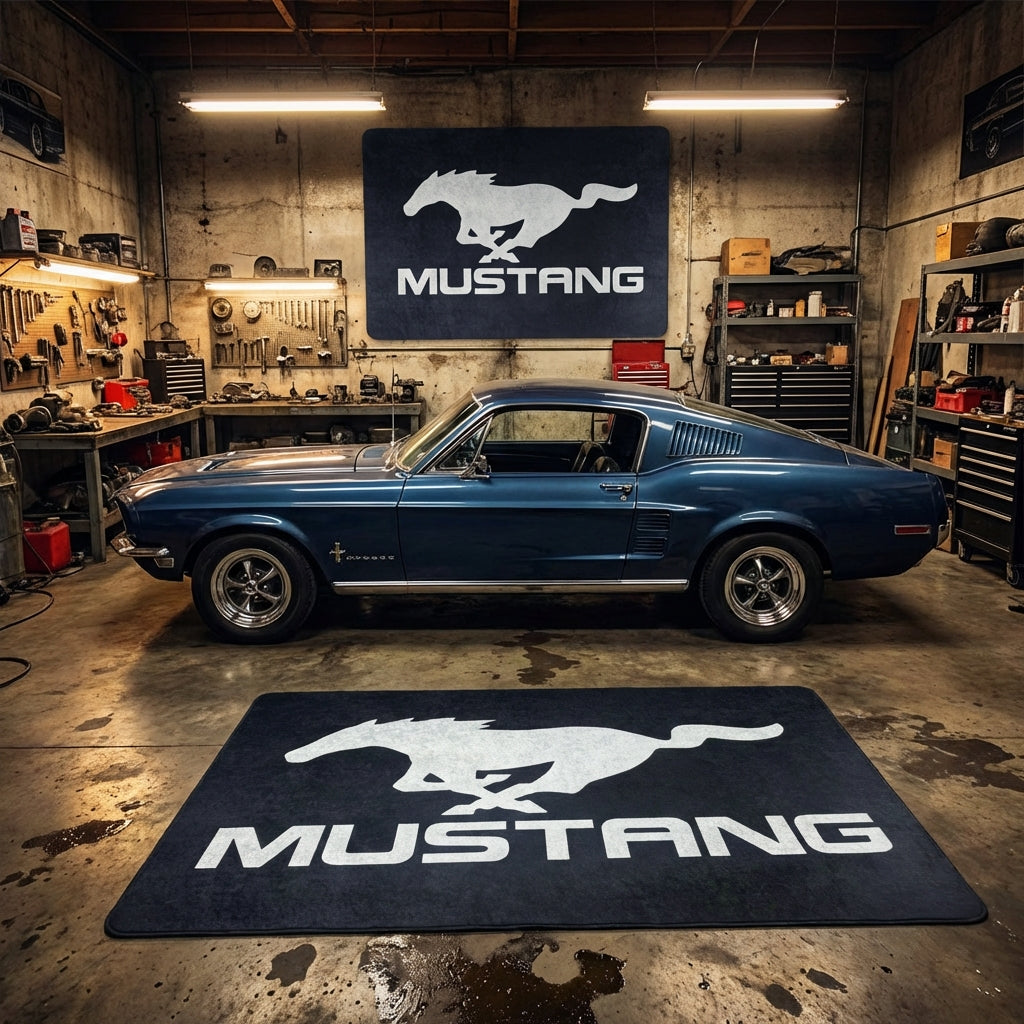Ford Mustang Logo Workshop Rug - 5x7 ft Premium Non-Slip Garage Floor Mat / Wall Hanging