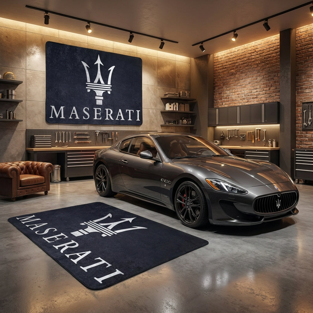 Maserati Trident Luxury Workshop Rug - 5x7 ft Premium Non-Slip Garage Floor Mat / Wall Hanging