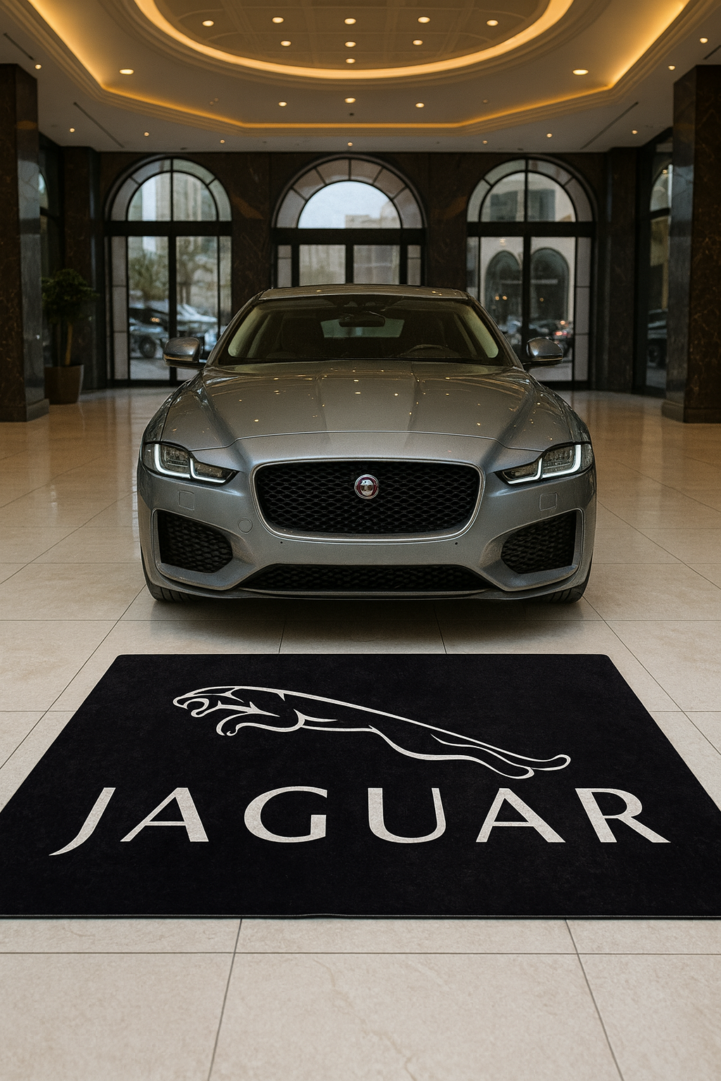 Large Jaguar Leaper logo floor rug, 5x7 feet (60x87 inches), with professional non-slip backing, displayed in a modern luxury car studio.