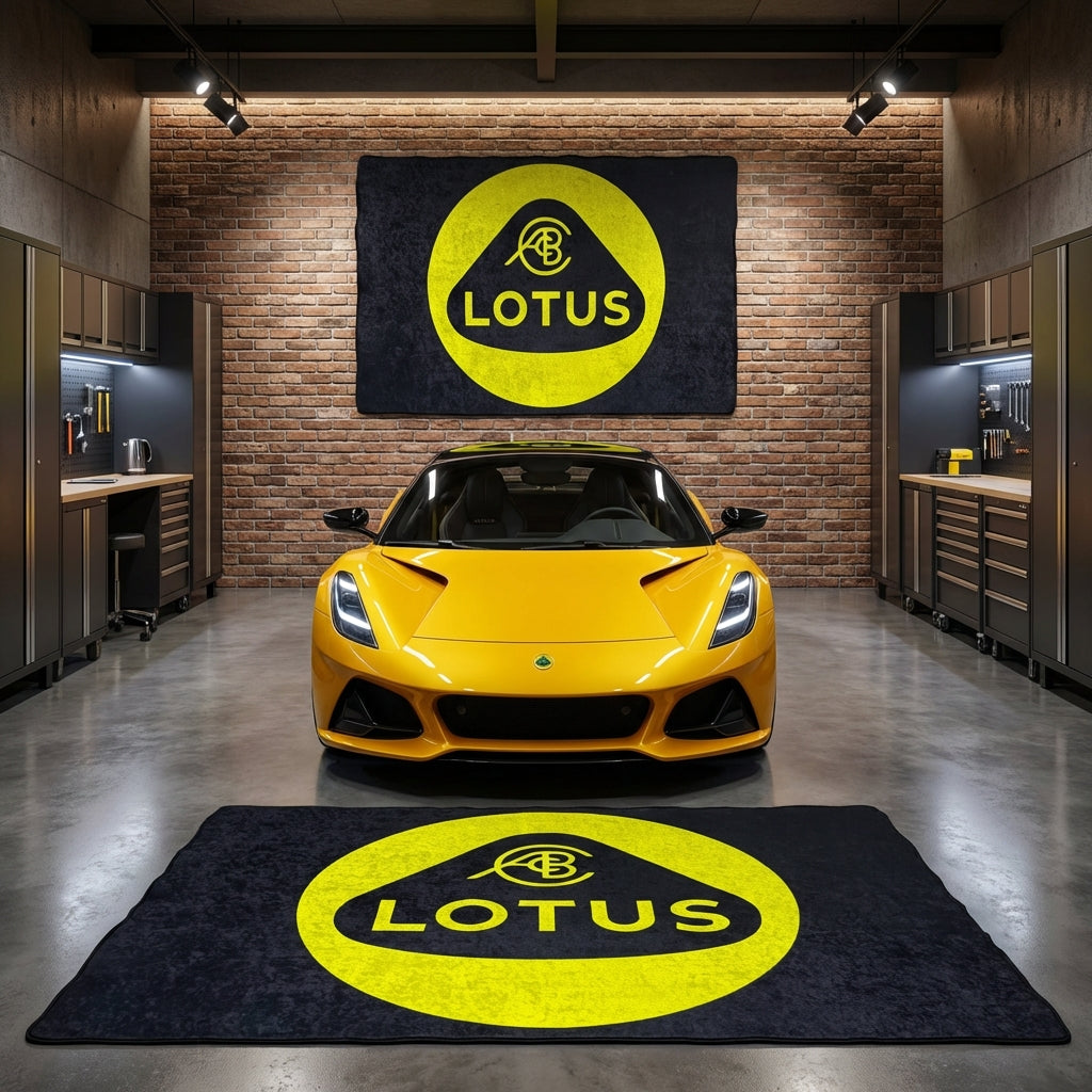 Large Lotus Cars logo floor rug, 5x7 ft (approx. 150x220cm), featuring the yellow and green crest, displayed in a modern minimalist garage.