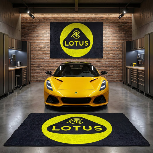 Large Lotus Cars logo floor rug, 5x7 ft (approx. 150x220cm), featuring the yellow and green crest, displayed in a modern minimalist garage.