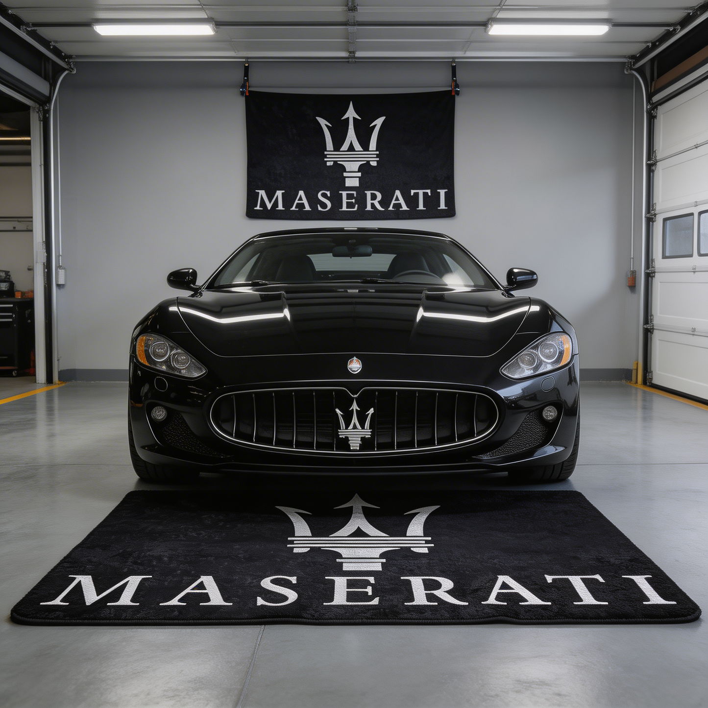 Large Maserati trident logo floor rug, 5x7 ft (approx. 150x220cm), with non-slip backing, displayed in a high-end luxury garage.