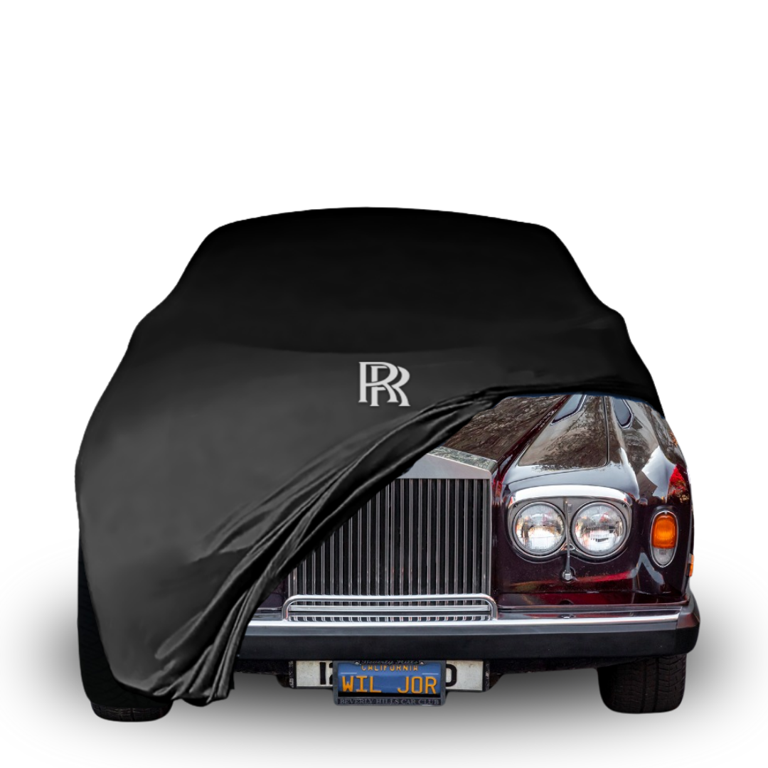 Indoor car cover for Rolls-Royce Silver Wraith II (1977–1980) with centered logo, garage fit

