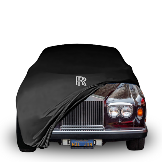 Indoor car cover for Rolls-Royce Silver Wraith II (1977–1980) with centered logo, garage fit

